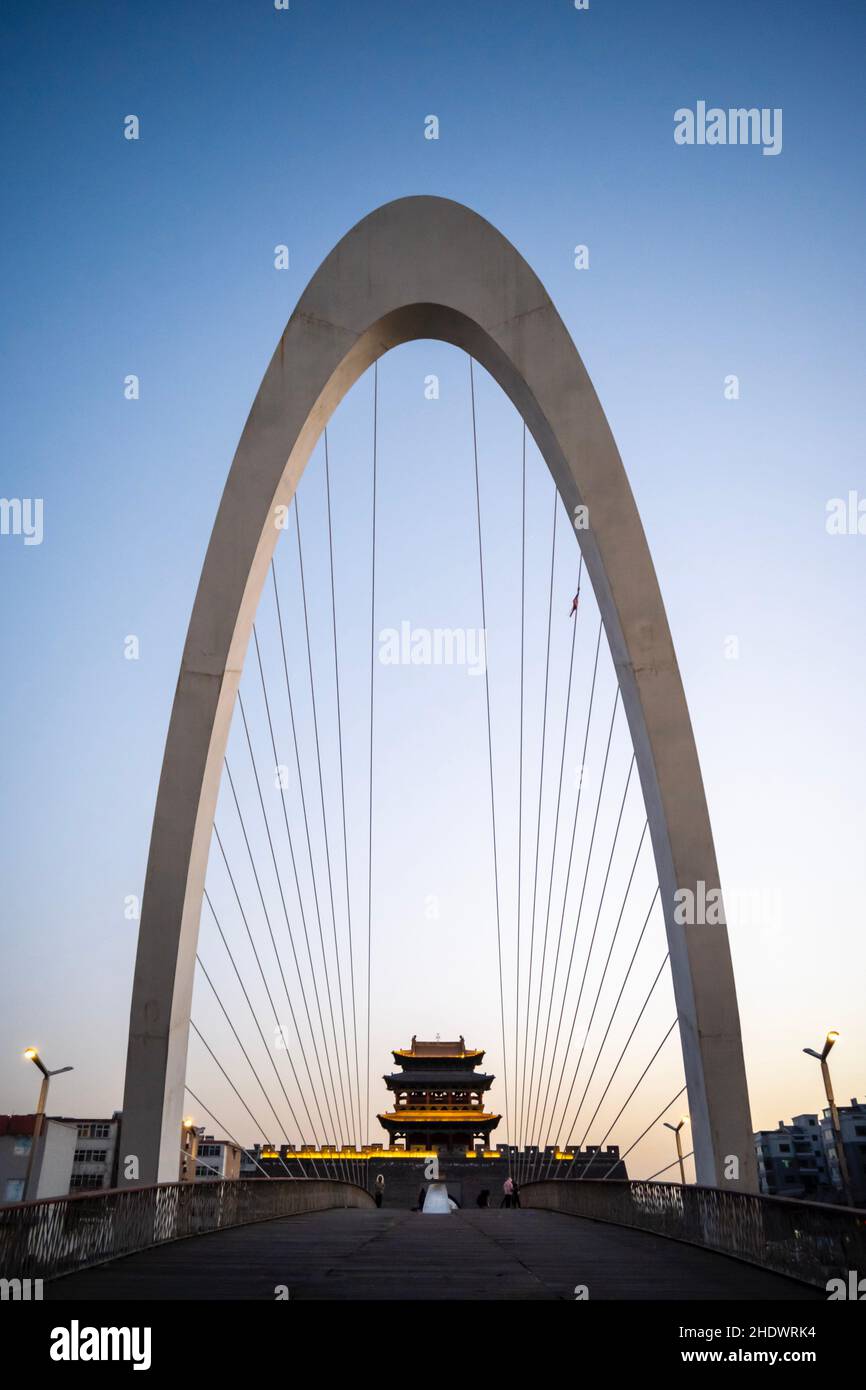 Vertical shot of the Nanjing Eye Pedestrian Bridge. China. Stock Photo