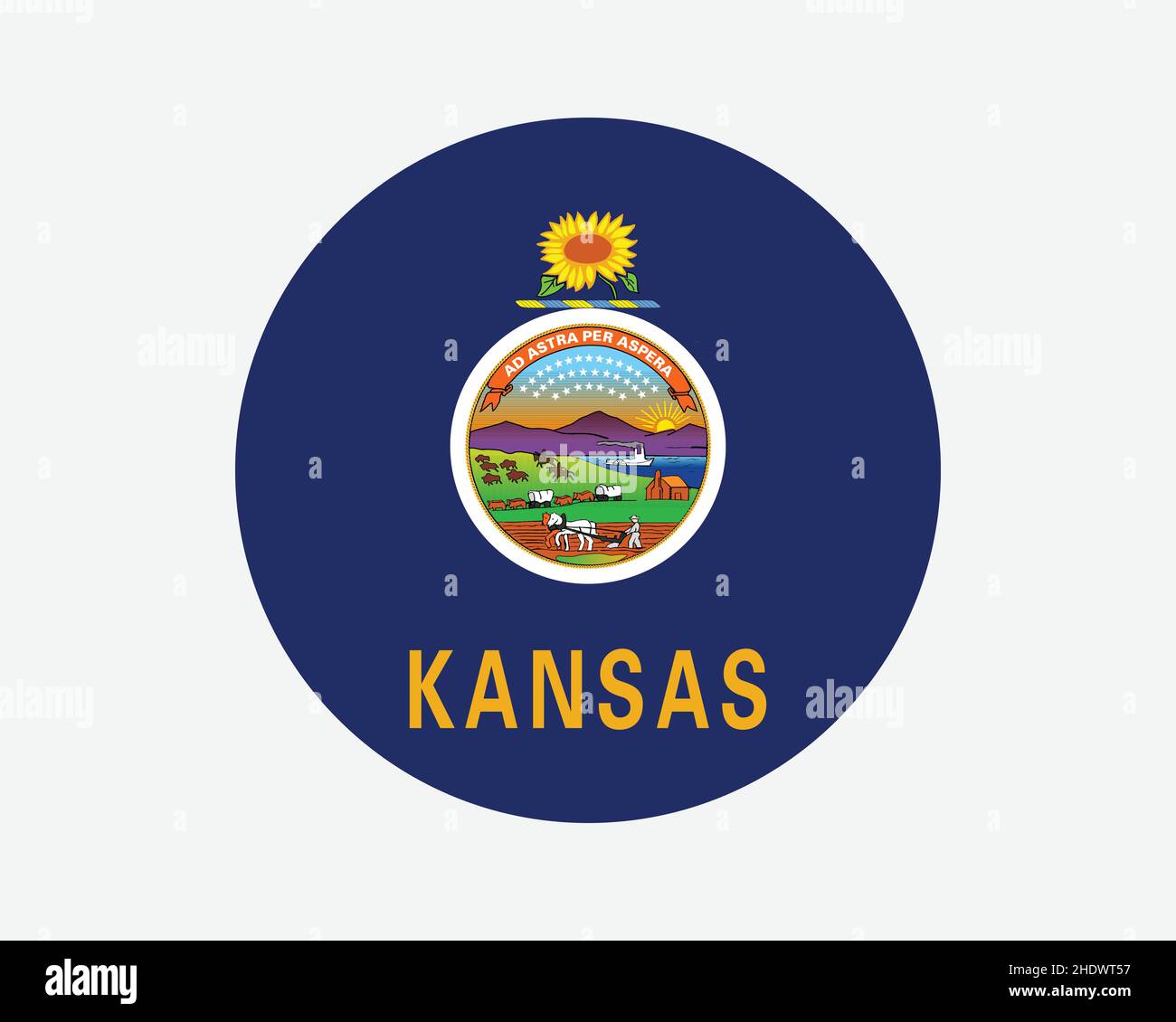 Kansas USA Round State Flag. KS, US Circle Flag. State of Kansas, United States of America