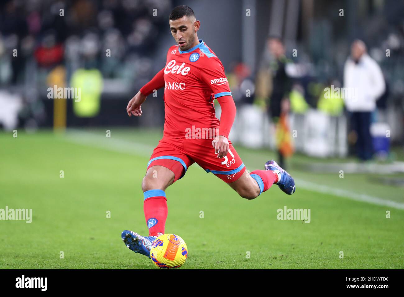 Faouzi Ghoulam of Ssc Napoli  controls the ball during the Serie A match between Juventus Fc and Ssc Napoli at Allianz Stadium on January 6, 2022 in Turin, Italy. Stock Photo