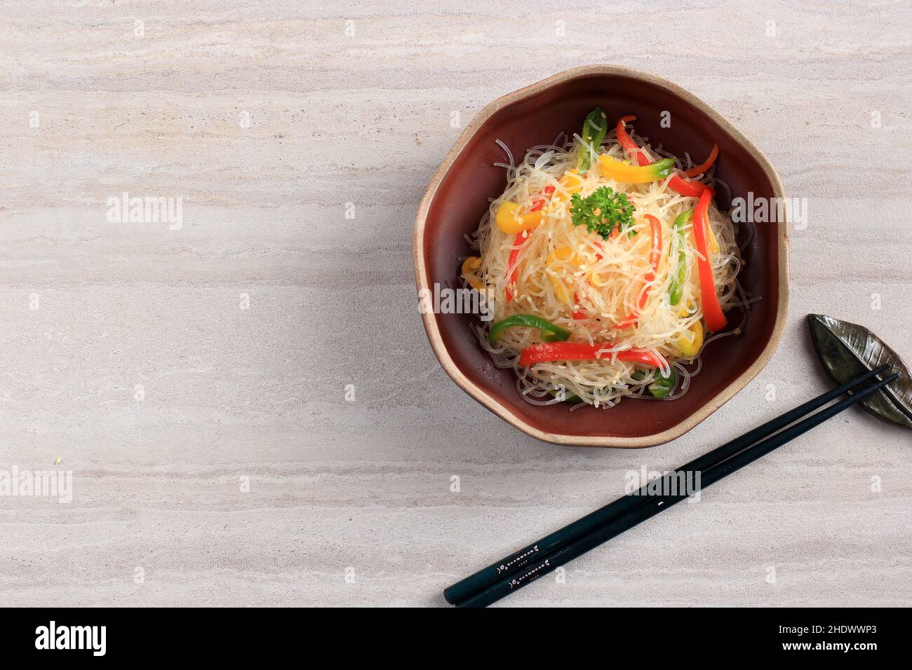 Korean Food, Japchae Vegetable and Beef Stir Fried, Top View with Copy Space for Text Stock Photo