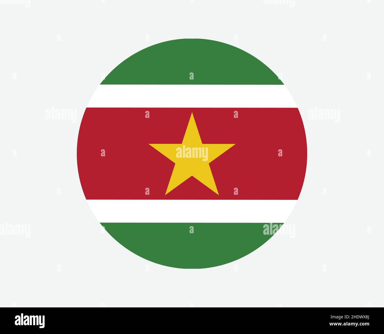 Suriname Round Country Flag. Surinamese Circle National Flag. Republic of Suriname Circular Shape Button Banner. EPS Vector Illustration. Stock Vector