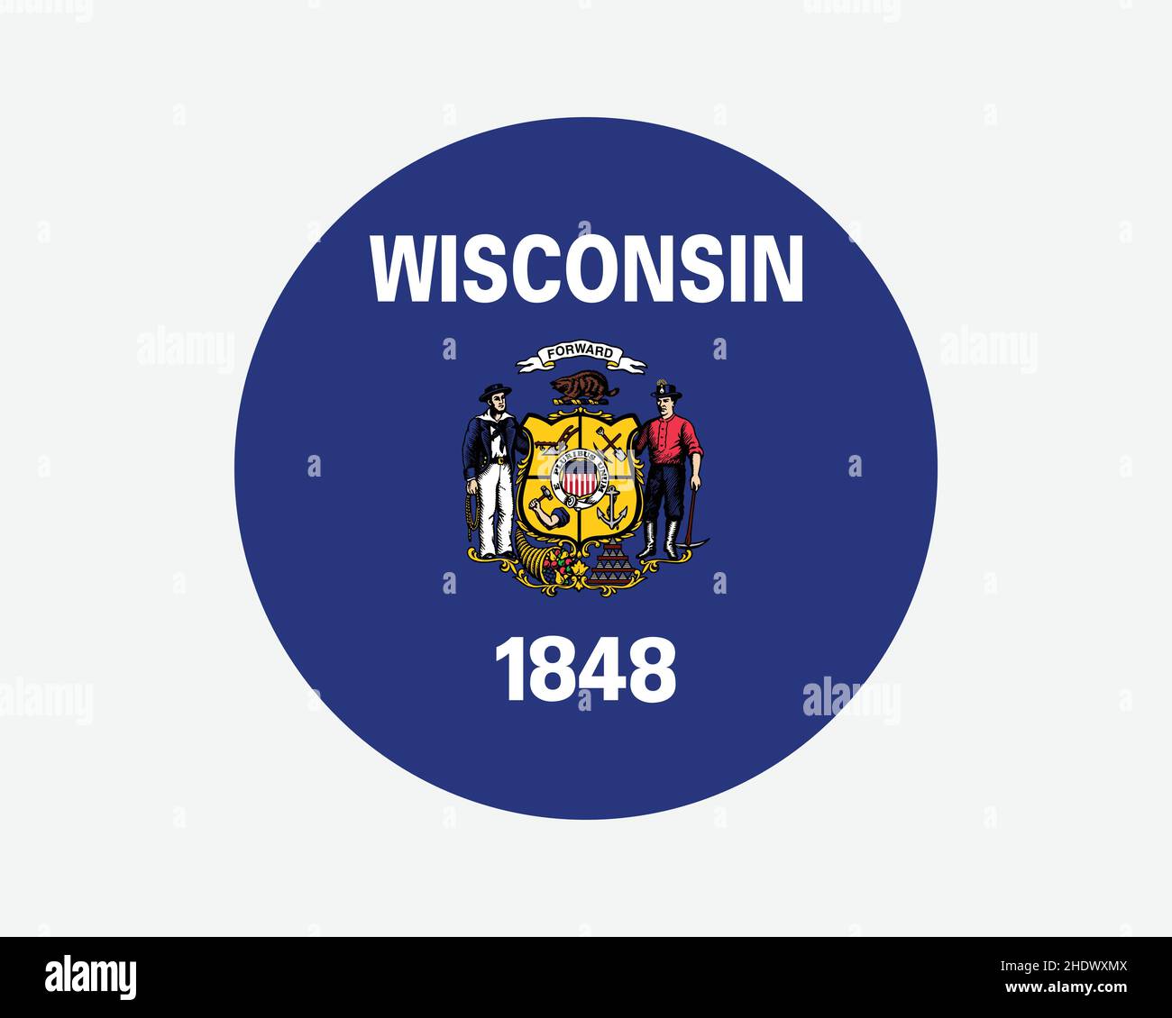 Wisconsin USA Round State Flag. WI, US Circle Flag. State of Wisconsin, United States of America Circular Shape Button Banner. EPS Vector Illustration Stock Vector