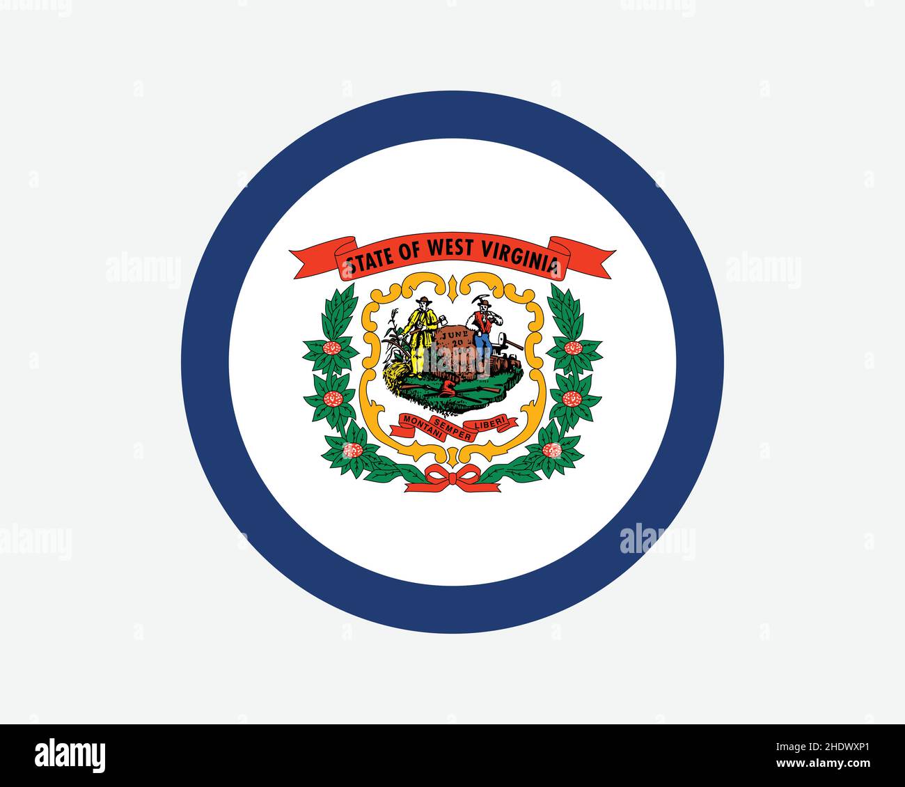 West Virginia USA Round State Flag. WV, US Circle Flag. State of West Virginia, United States of America Circular Shape Button Banner. EPS Vector Illu Stock Vector