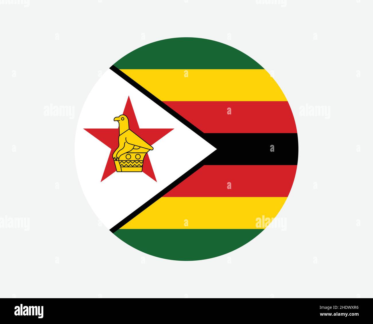 Zimbabwe Round Country Flag. Zimbabwean / Zimbo Circle National Flag. Republic of Zimbabwe Circular Shape Button Banner. EPS Vector Illustration. Stock Vector