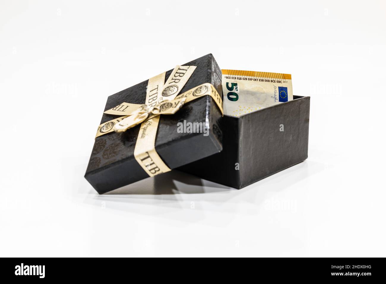 Gift box with euro money. Banknote with a nominal value of 50 euros Stock  Photo - Alamy
