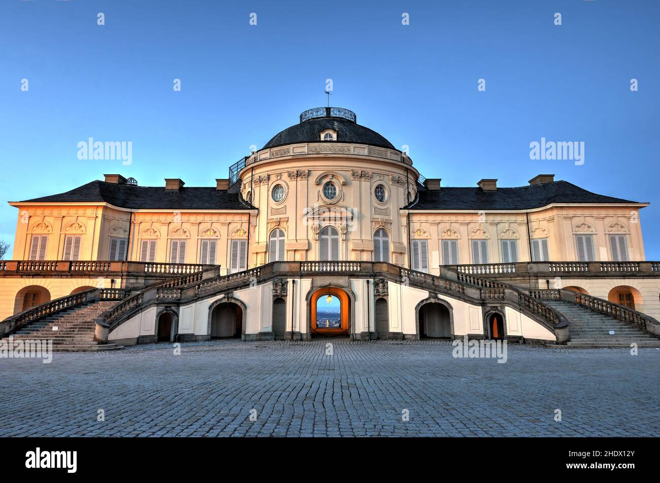 Beautiful Solitude Palace in Stuttgart, Germany against a blue sky at Stock Photo