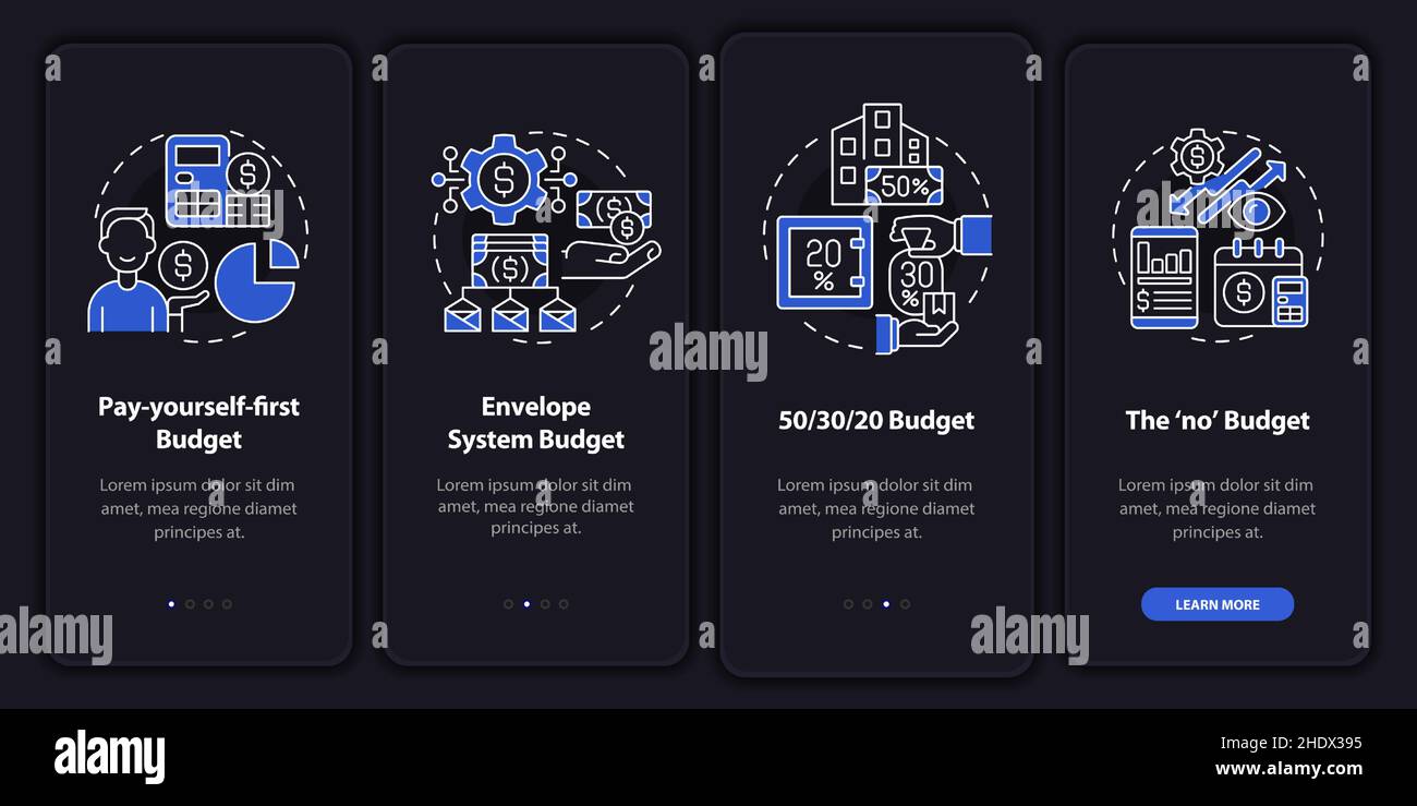 Budget approaches night mode onboarding mobile app screen Stock Vector ...