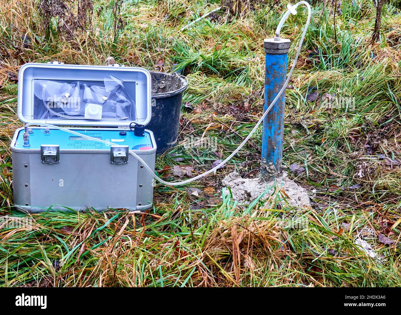Braunschweig, Germany, December 15., 2021: Soil air level with connected soil air pump with sensors for measuring the soil gases methane, carbon dioxi Stock Photo