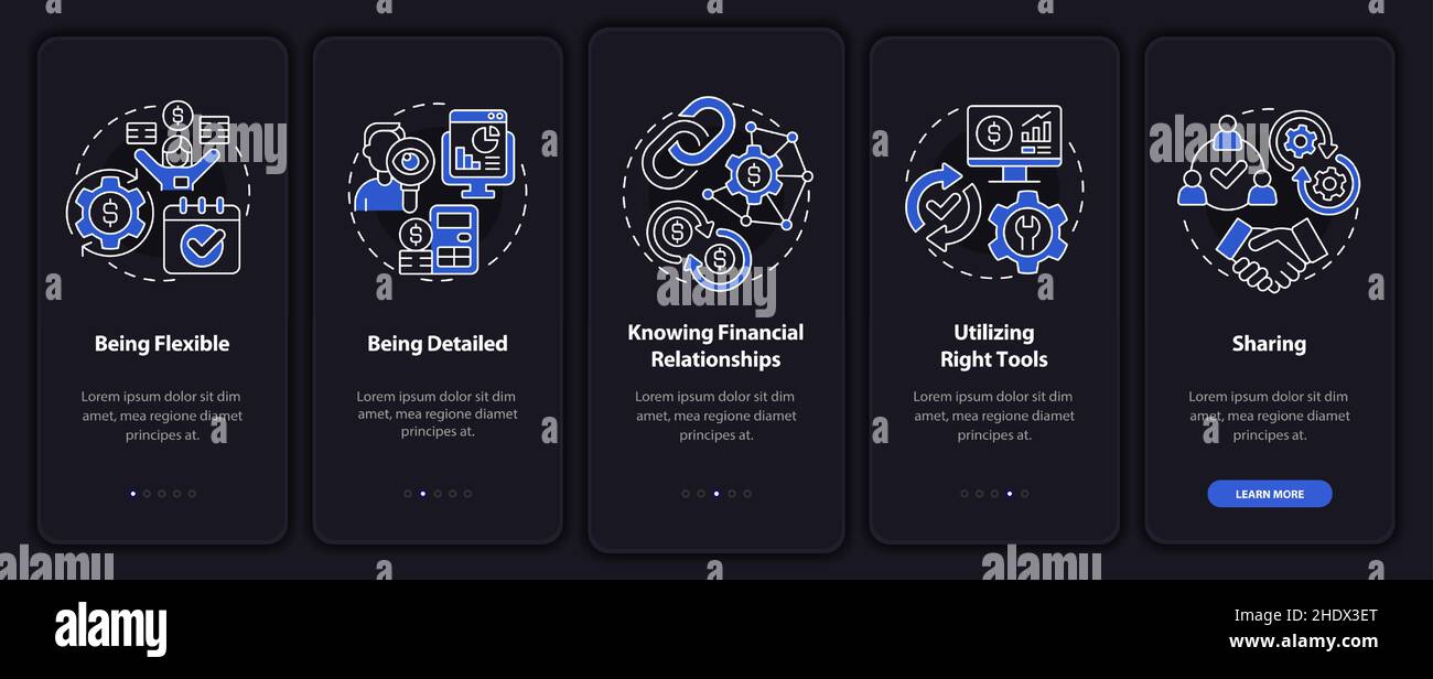 Company budget night mode onboarding mobile app screen Stock Vector ...