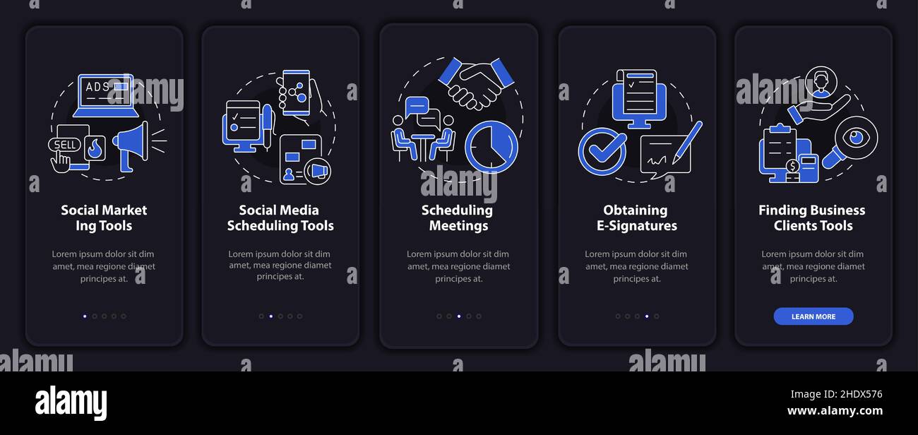 Marketing tools types night mode onboarding mobile app screen Stock ...
