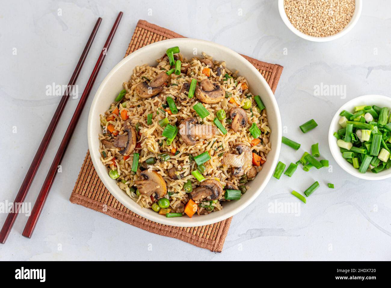 Chinese Vegetable and Mushroom Fried Rice with Sesame Seeds and