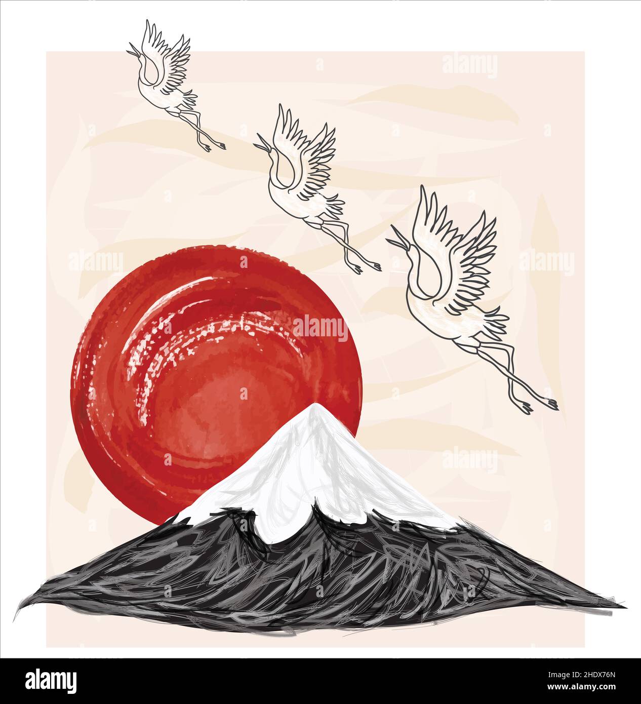 Japanese style background vector. Mountain, stork hand drawing vector  illustration Stock Vector Image & Art - Alamy