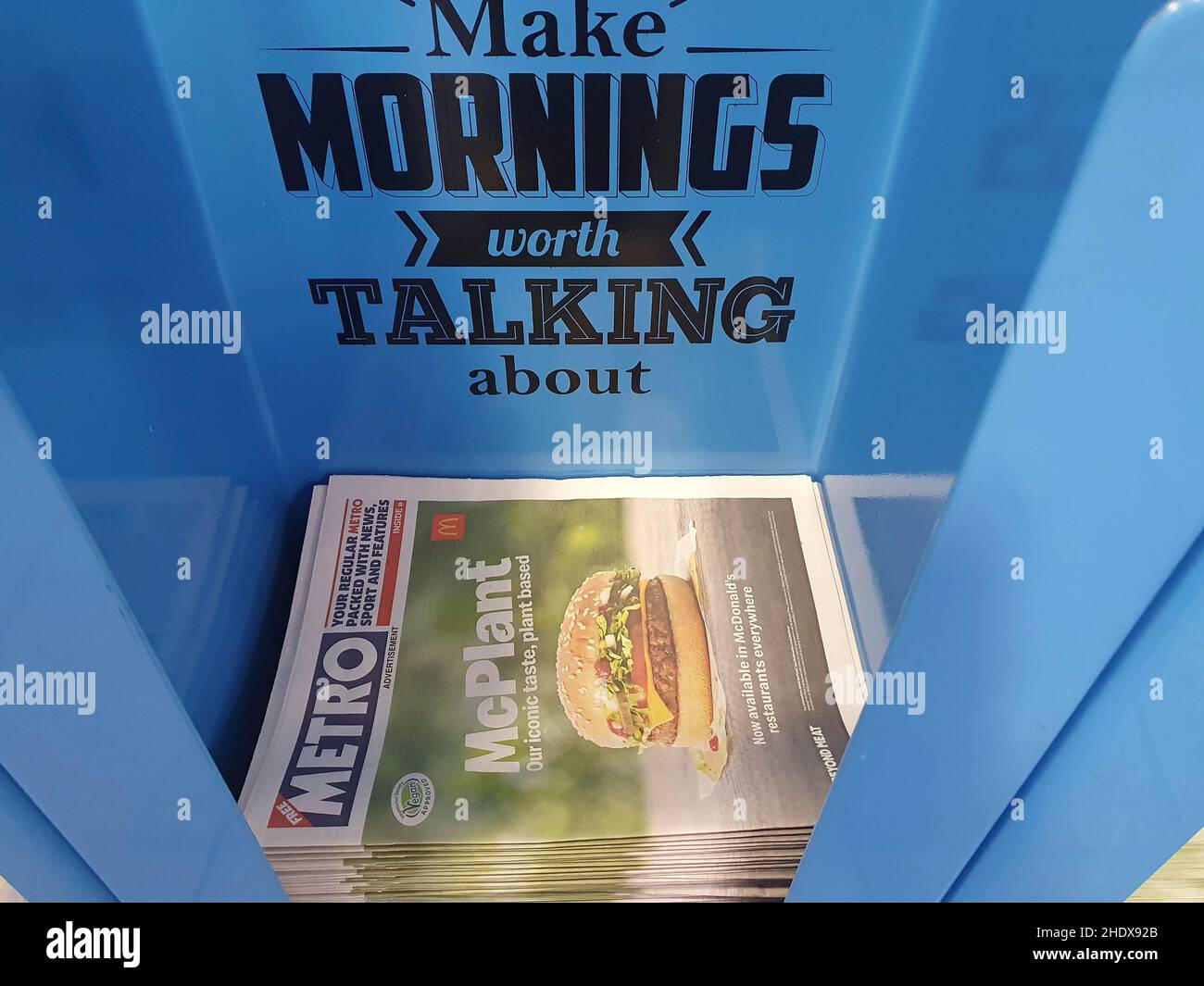 London, UK, 5 January 2021: McDonald's have paid for their McPlant advert to be wrapped around the Metro free newspaper for morning commuters. The vegan burger is being offered for Veganuary, a popular scheme which encourages people to give up animal products for one month for both personal health and the good of the planet. Anna Watson/Alamy Stock Photo
