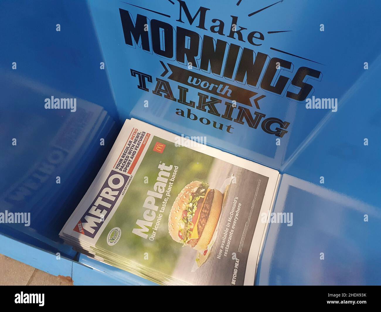 London, UK, 5 January 2021: McDonald's have paid for their McPlant advert to be wrapped around the Metro free newspaper for morning commuters. The vegan burger is being offered for Veganuary, a popular scheme which encourages people to give up animal products for one month for both personal health and the good of the planet. Anna Watson/Alamy Stock Photo
