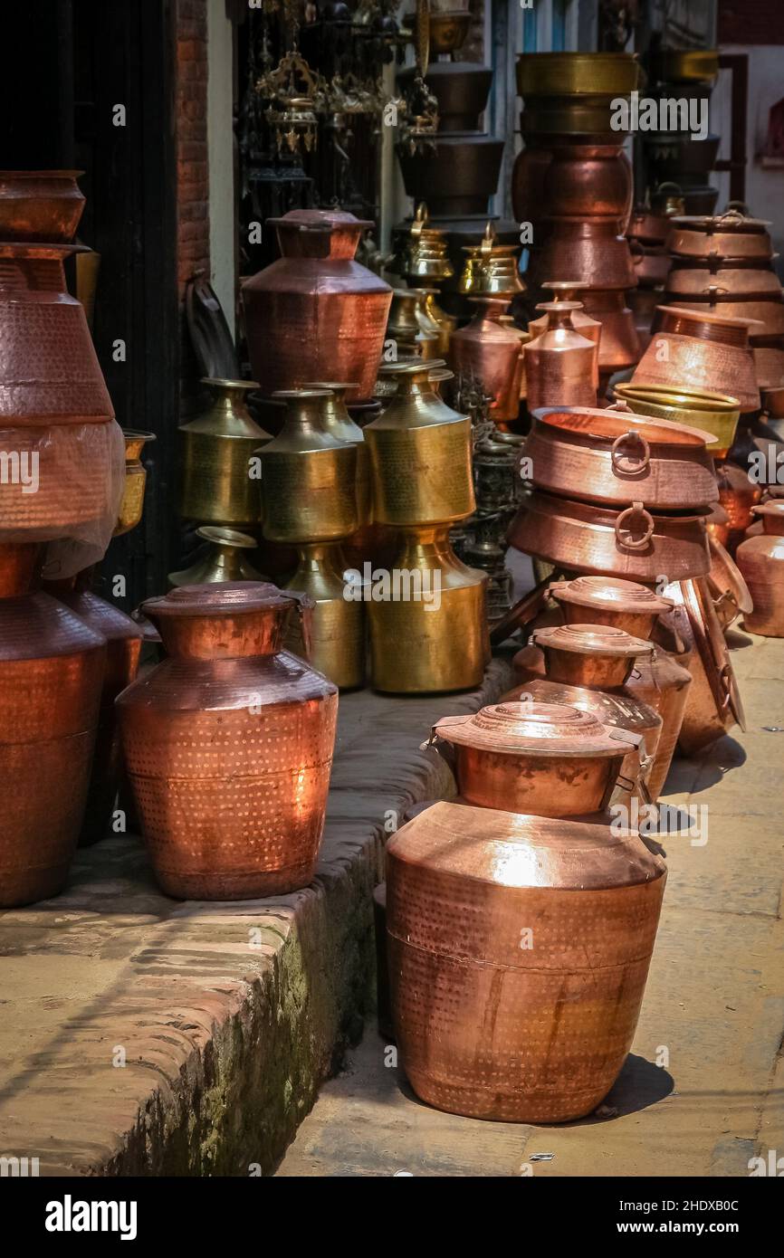 market, pots, kathmandu, markets, kathmandus Stock Photo