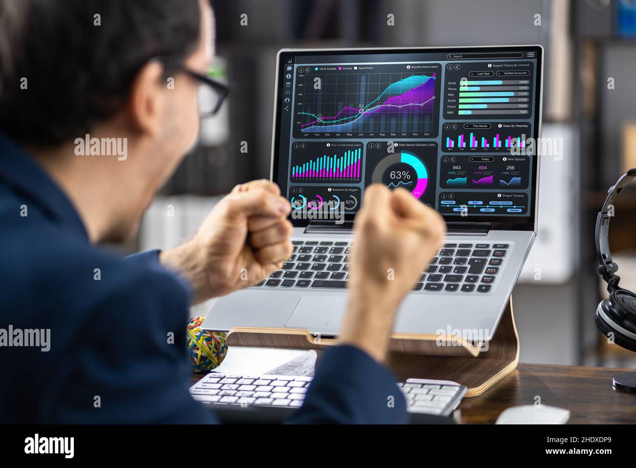 Excited Analyst Celebrating KPI Analytics Dashboard Growth Data Stock Photo