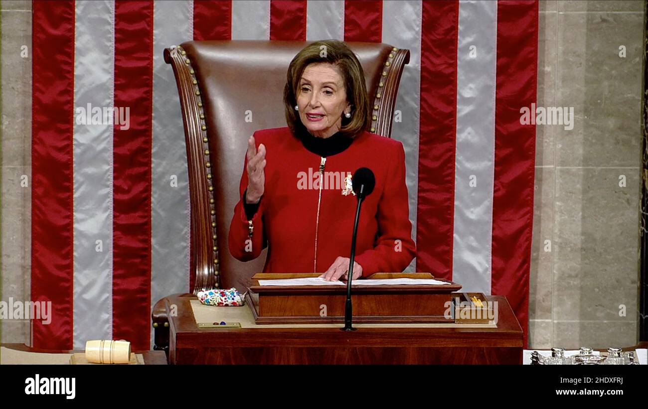 In this image from United States House of Representatives television, Speaker of the US House of Representatives Nancy Pelosi (Democrat of California) makes remarks commemorating the first anniversary of the January 6 insurrection during a pro forma session in the US House Chamber in Washington, DC on Thursday, January 6, 2022. Mandatory Photo by US House TV via CNP/ABACAPRESS.COM Stock Photo