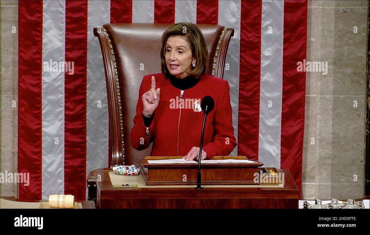 In this image from United States House of Representatives television, Speaker of the US House of Representatives Nancy Pelosi (Democrat of California) makes remarks commemorating the first anniversary of the January 6 insurrection during a pro forma session in the US House Chamber in Washington, DC on Thursday, January 6, 2022. Mandatory Photo by US House TV via CNP/ABACAPRESS.COM Stock Photo