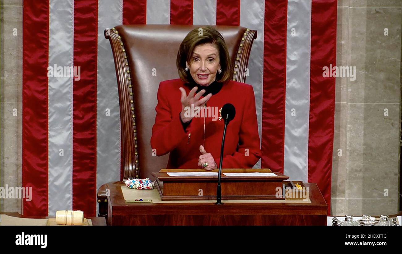 In this image from United States House of Representatives television, Speaker of the US House of Representatives Nancy Pelosi (Democrat of California) makes remarks commemorating the first anniversary of the January 6 insurrection during a pro forma session in the US House Chamber in Washington, DC on Thursday, January 6, 2022. Mandatory Photo by US House TV via CNP/ABACAPRESS.COM Stock Photo