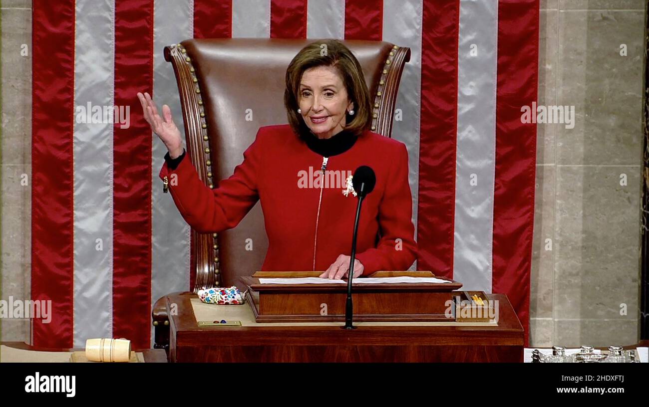 In this image from United States House of Representatives television, Speaker of the US House of Representatives Nancy Pelosi (Democrat of California) makes remarks commemorating the first anniversary of the January 6 insurrection during a pro forma session in the US House Chamber in Washington, DC on Thursday, January 6, 2022. Mandatory Photo by US House TV via CNP/ABACAPRESS.COM Stock Photo