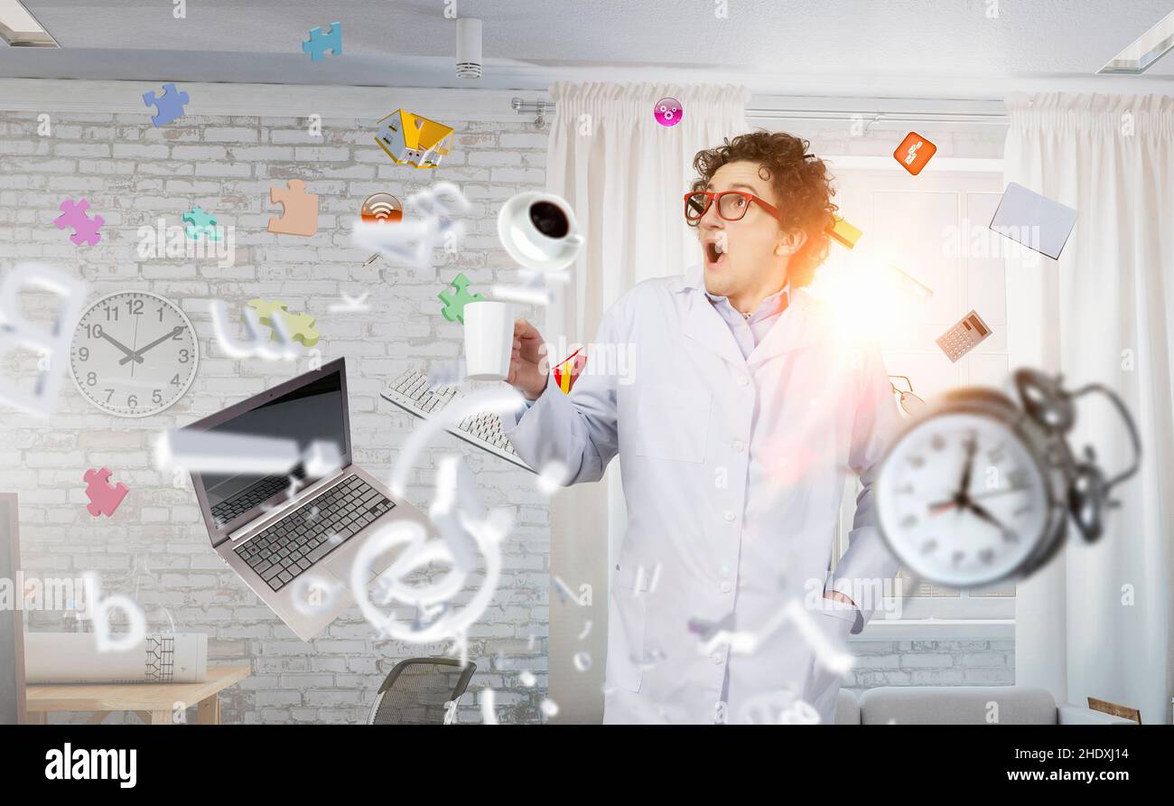 chaos, time pressure, inventor, coder, chaotic, disorder, mess, time pressures, inventors Stock Photo