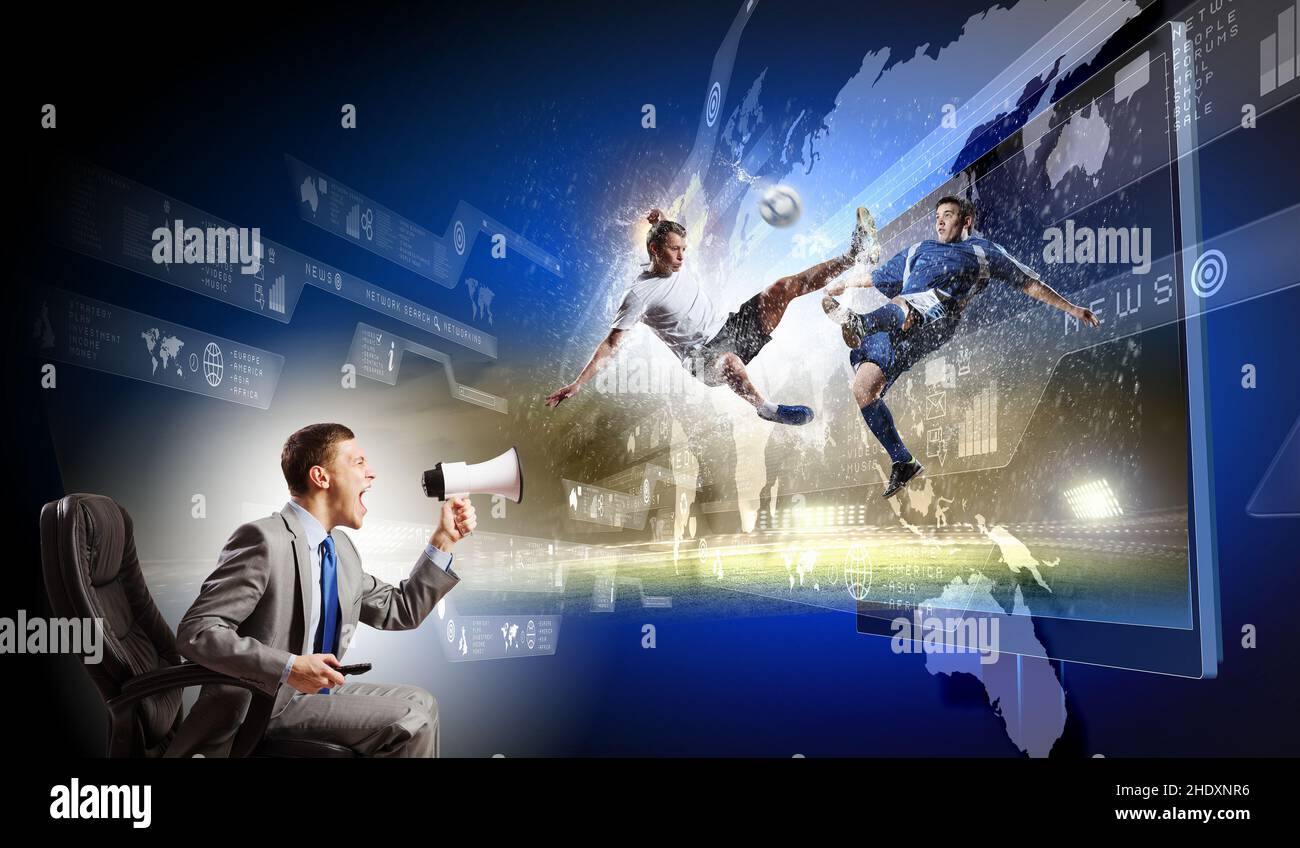 watching tv, soccer, moderator, television, tv, soccers, moderators, presenter Stock Photo