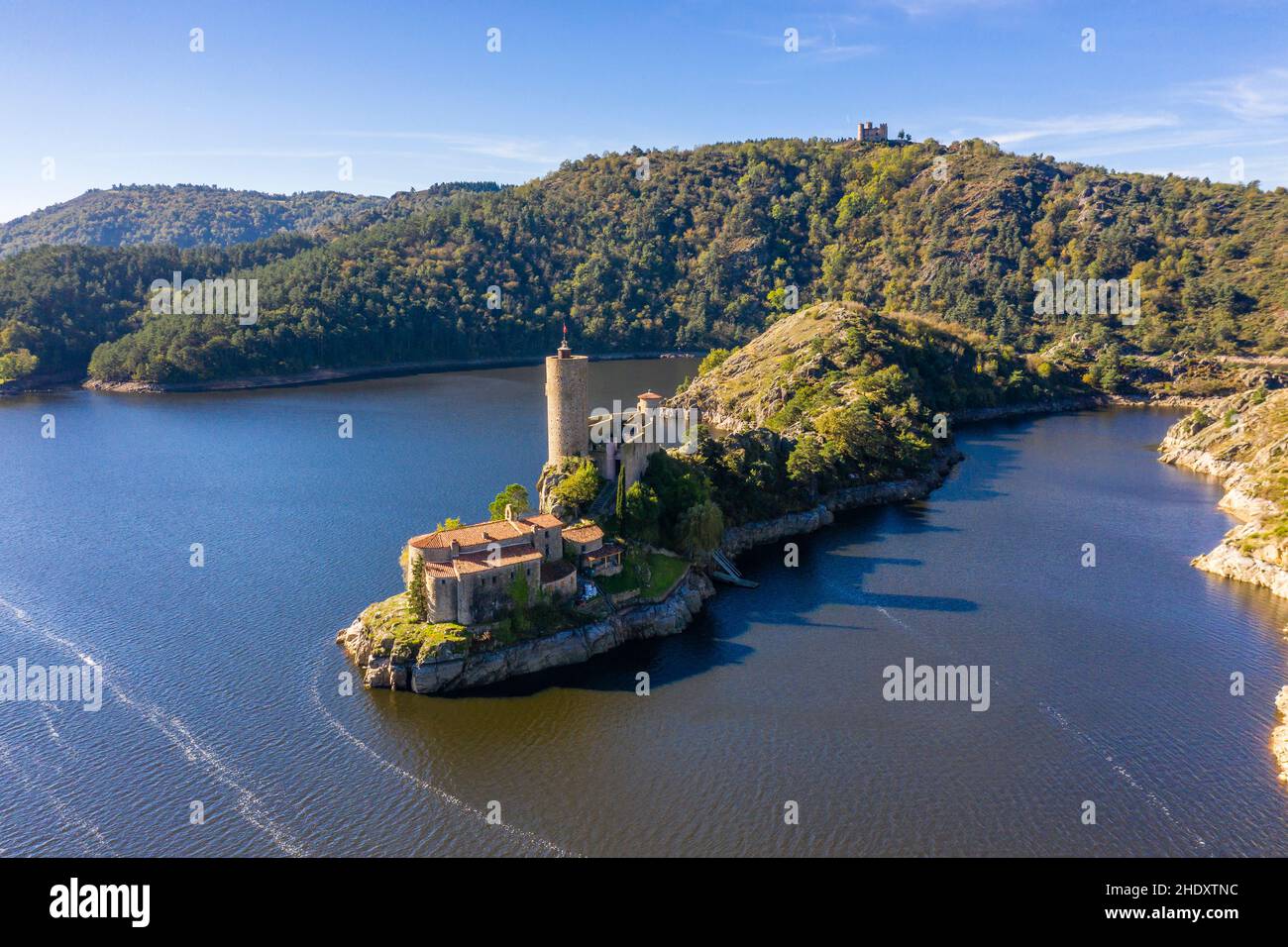 France, Loire, Saint Just Saint Rambert, Lac de Grangent on Loire river, remains of the Chateau de Grangent dated 12th century on the Grangent island Stock Photo