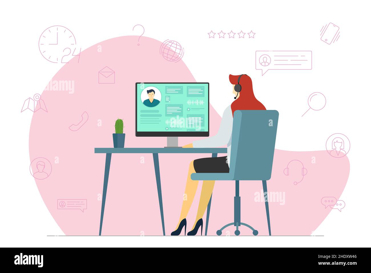 Call center operator woman and hot line service icons. Female helpline worker with headset at work. Online customer support department staff, telemarketing, consultation and assistance centre hotline Stock Vector