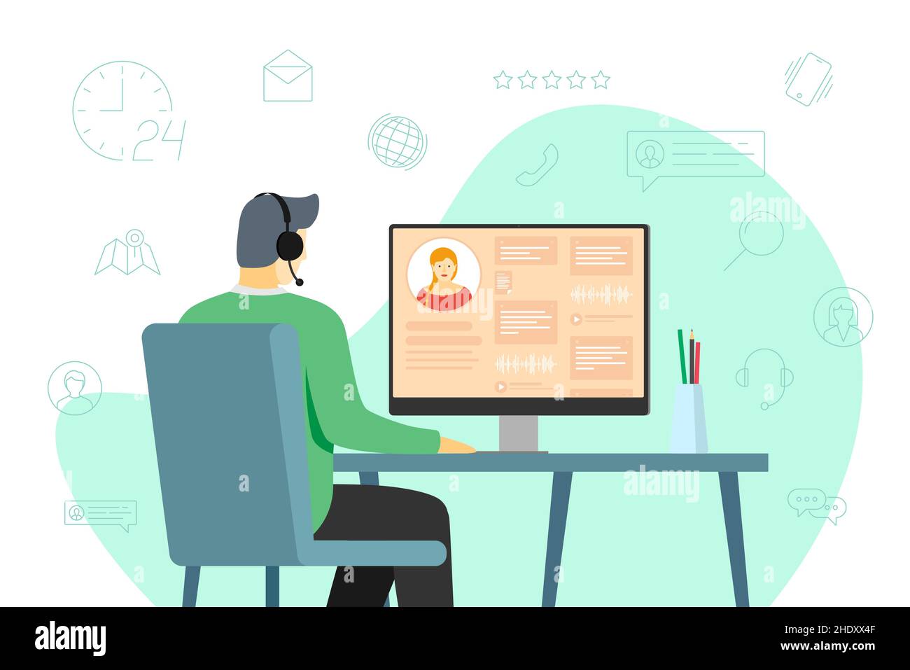 Call center operator man and hotline service icons. Male helpline worker with headphones at work. Online customer support department staff, telemarketing, consultation and assistance centre hot line Stock Vector