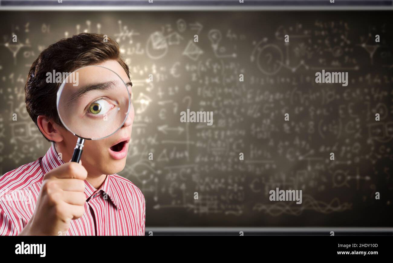 magnifying glass, examining, discover, college student, exam