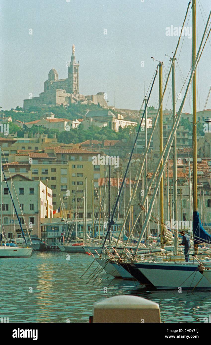 Old Harbour, Notre-Dame De La Garde, Marseille, August 27, 1991, Bouches-du-Rhône department, Provence-Alpes-Côte d’Azur region, France Stock Photo