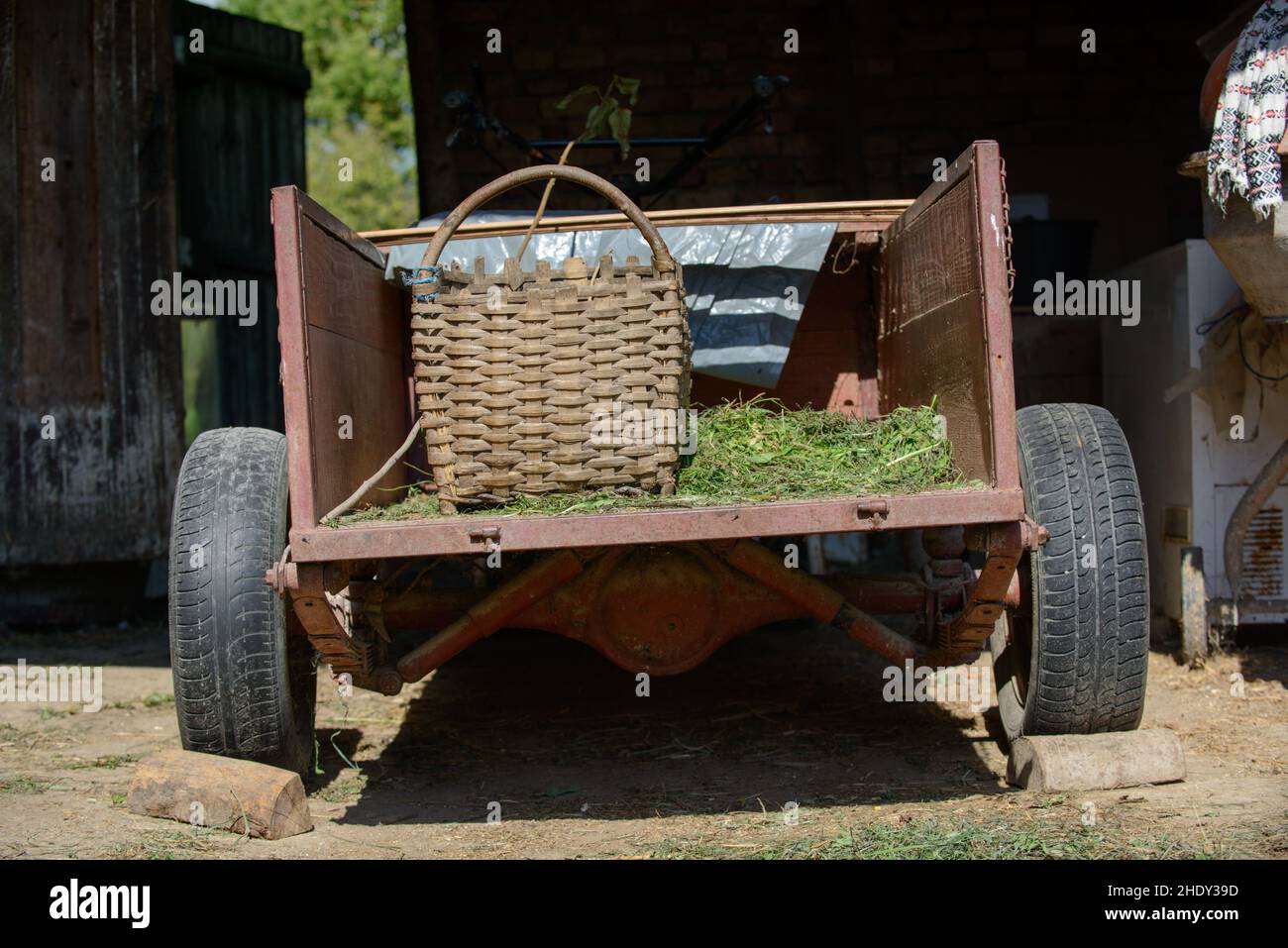 An old small tractor trailer is standing in the yard with some freshly mown grass on the loading area. Stock Photo