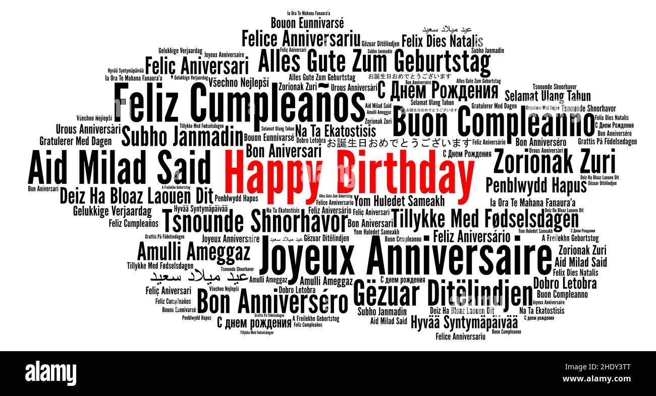 Happy Birthday in different languages word cloud Stock Photo - Alamy