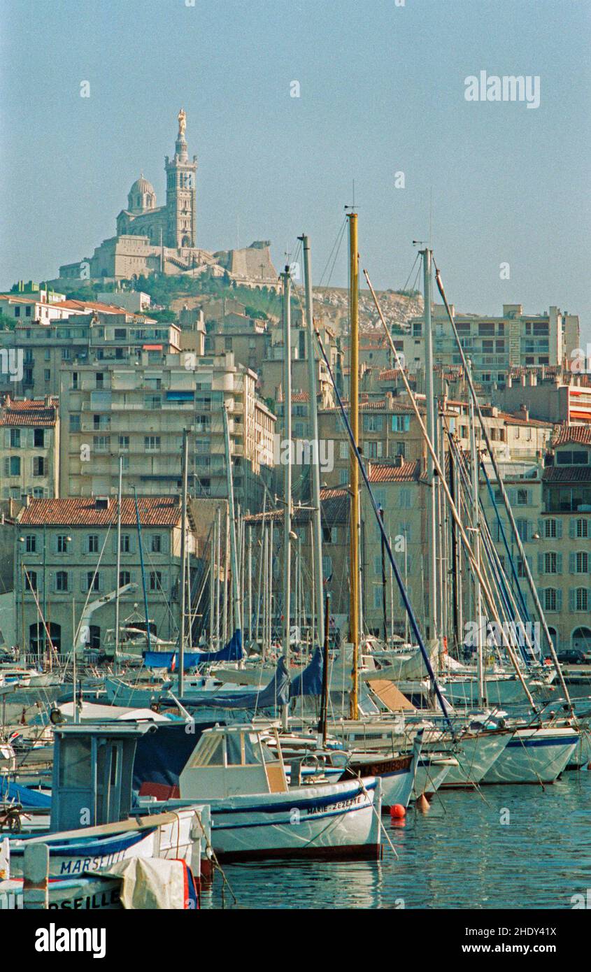 Old Harbour, Notre-Dame De La Garde, Marseille, August 27, 1991, Bouches-du-Rhône department, Provence-Alpes-Côte d’Azur region, France Stock Photo