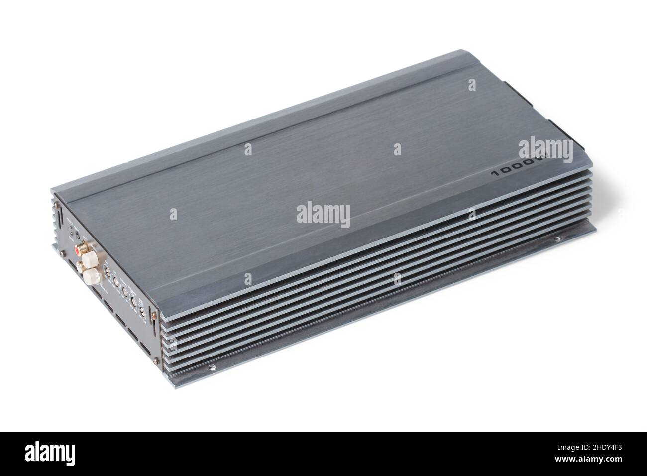 Powerful car low frequency amplifier for speaker system isolated on white Stock Photo