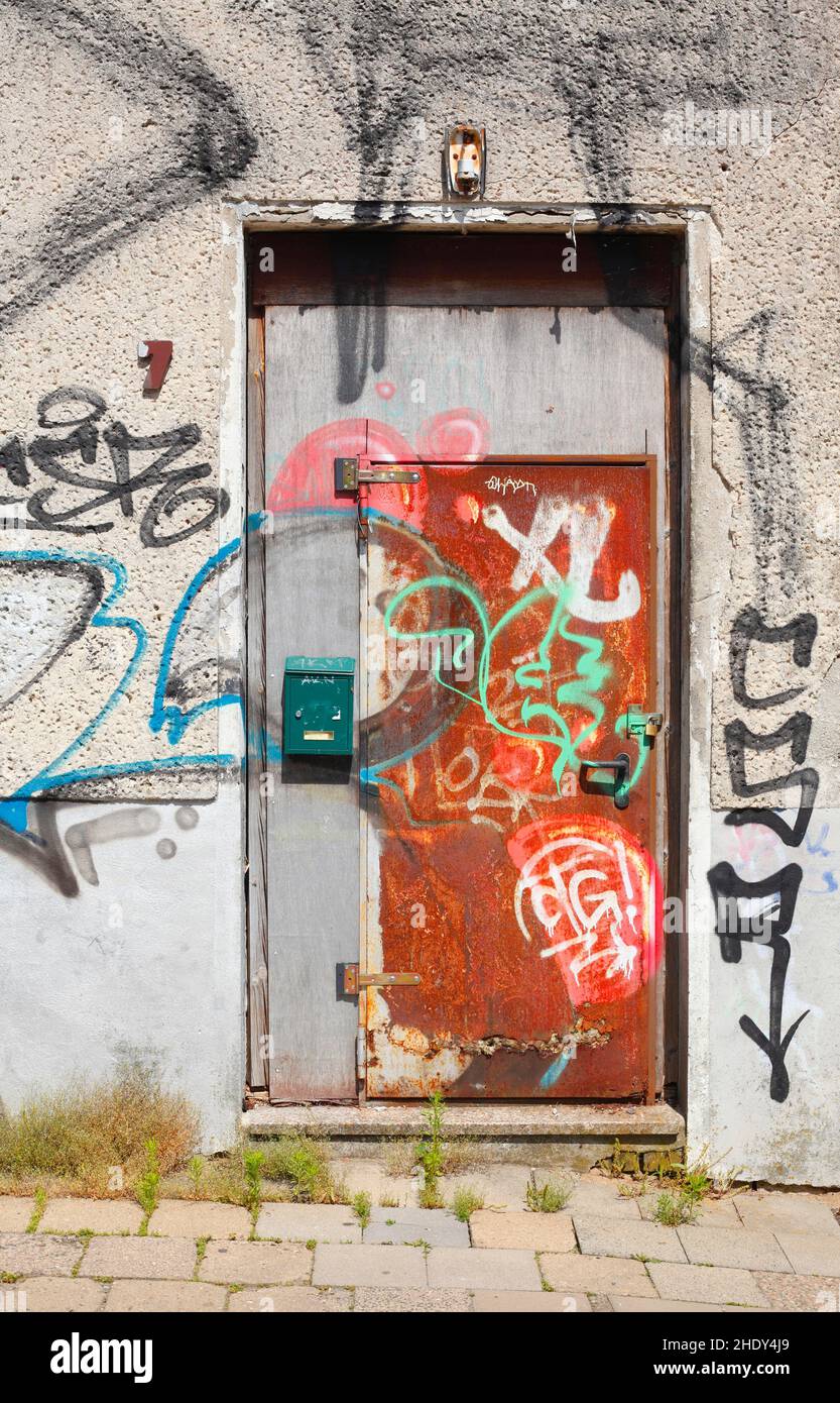 graffiti, metal door, house entrance, graffitis, metal doors, house entrances Stock Photo