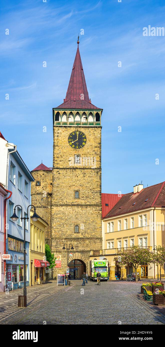 Jicin in Bohemian Paradise, Kralovehradecky kraj, Czech Republic - April 22, 2014: Urban setting with a view of Valdice Gate from 1568. Stock Photo