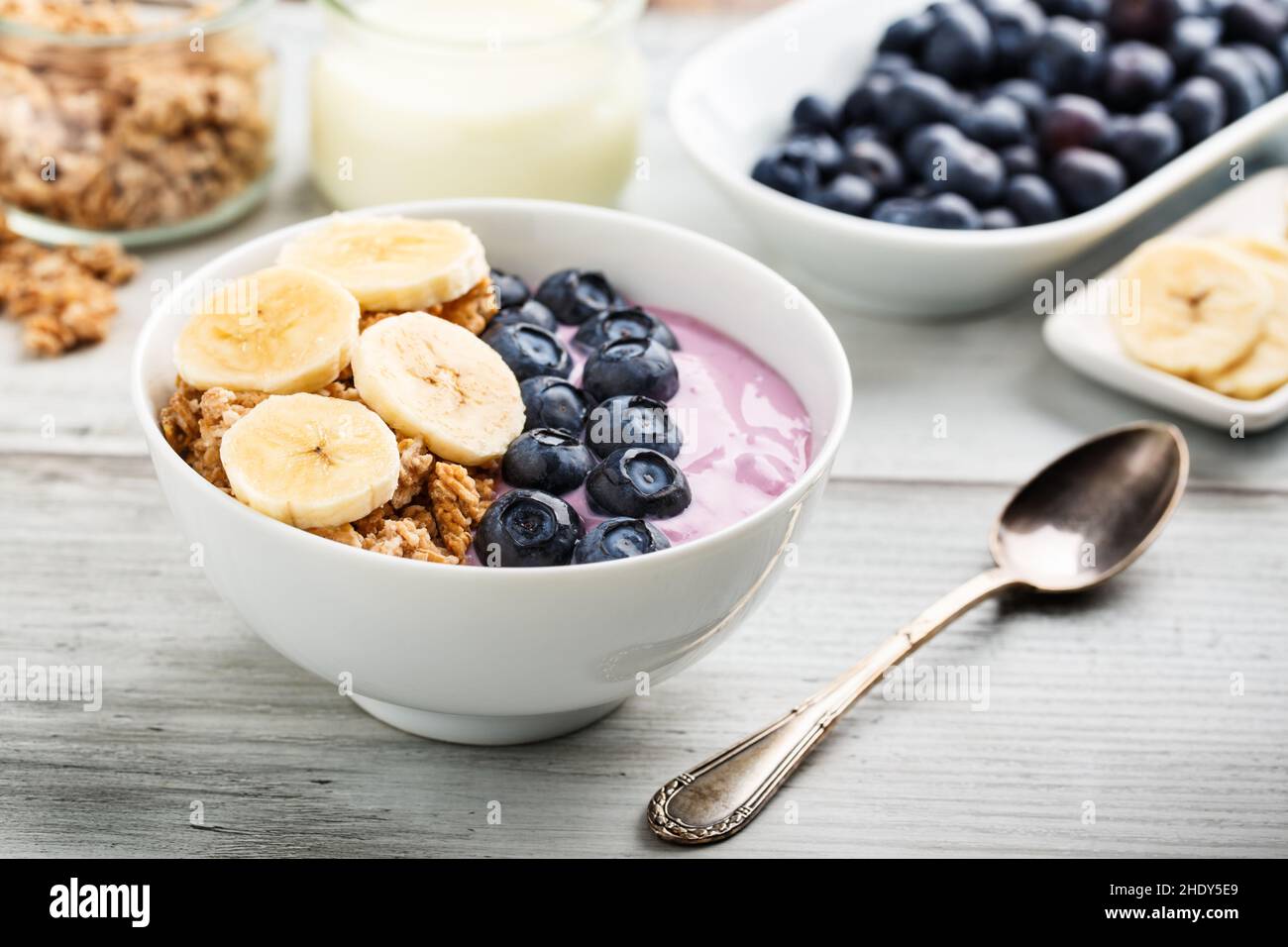 cereal, yogurt, blueberrys, granola, cereals, raspberries Stock Photo
