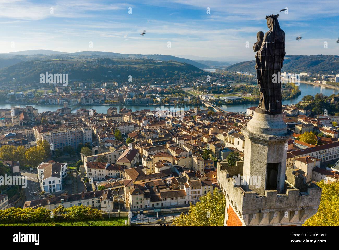 France, Isere, Vienne, Rhone Valley, statue of the Madonna and Child at the top of the Notre Dame de Pipet chapel (aerial view) // France, Isère (38), Stock Photo