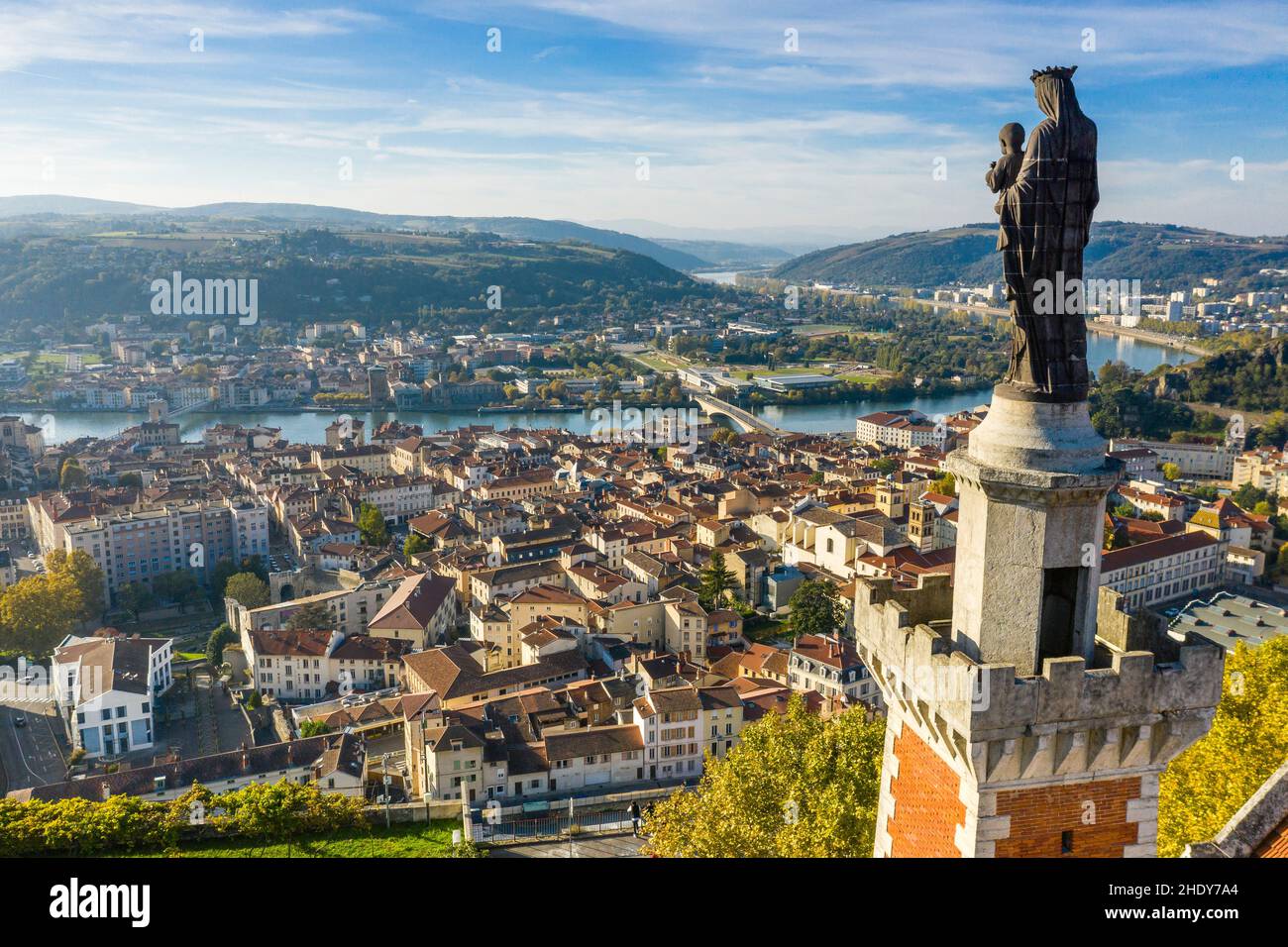 France, Isere, Rhone Valley, Vienne, statue of the Madonna and Child at the top of the Notre Dame de Pipet chapel (aerial view) // France, Isère (38), Stock Photo