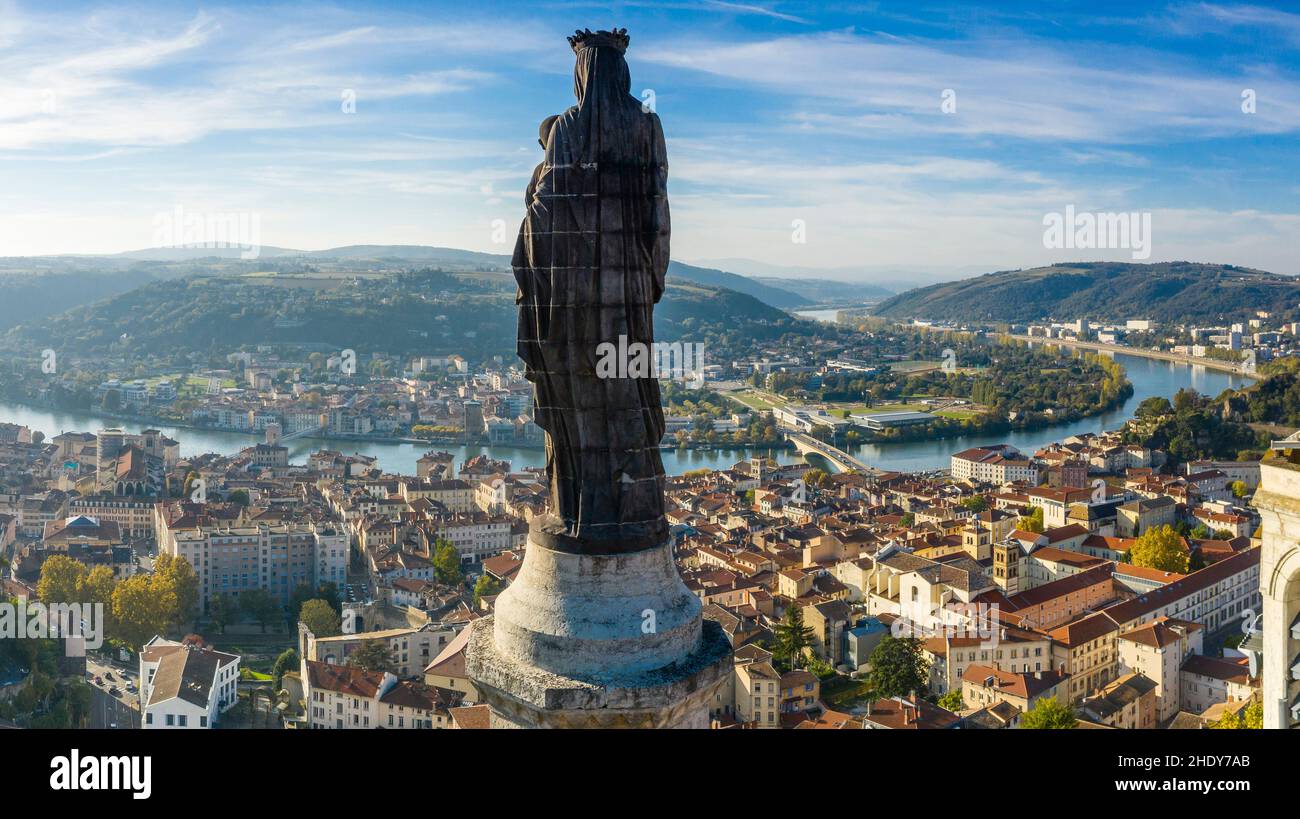 France, Isere, Rhone Valley, Vienne, statue of the Madonna and Child at the top of the Notre Dame de Pipet chapel (aerial view) // France, Isère (38), Stock Photo