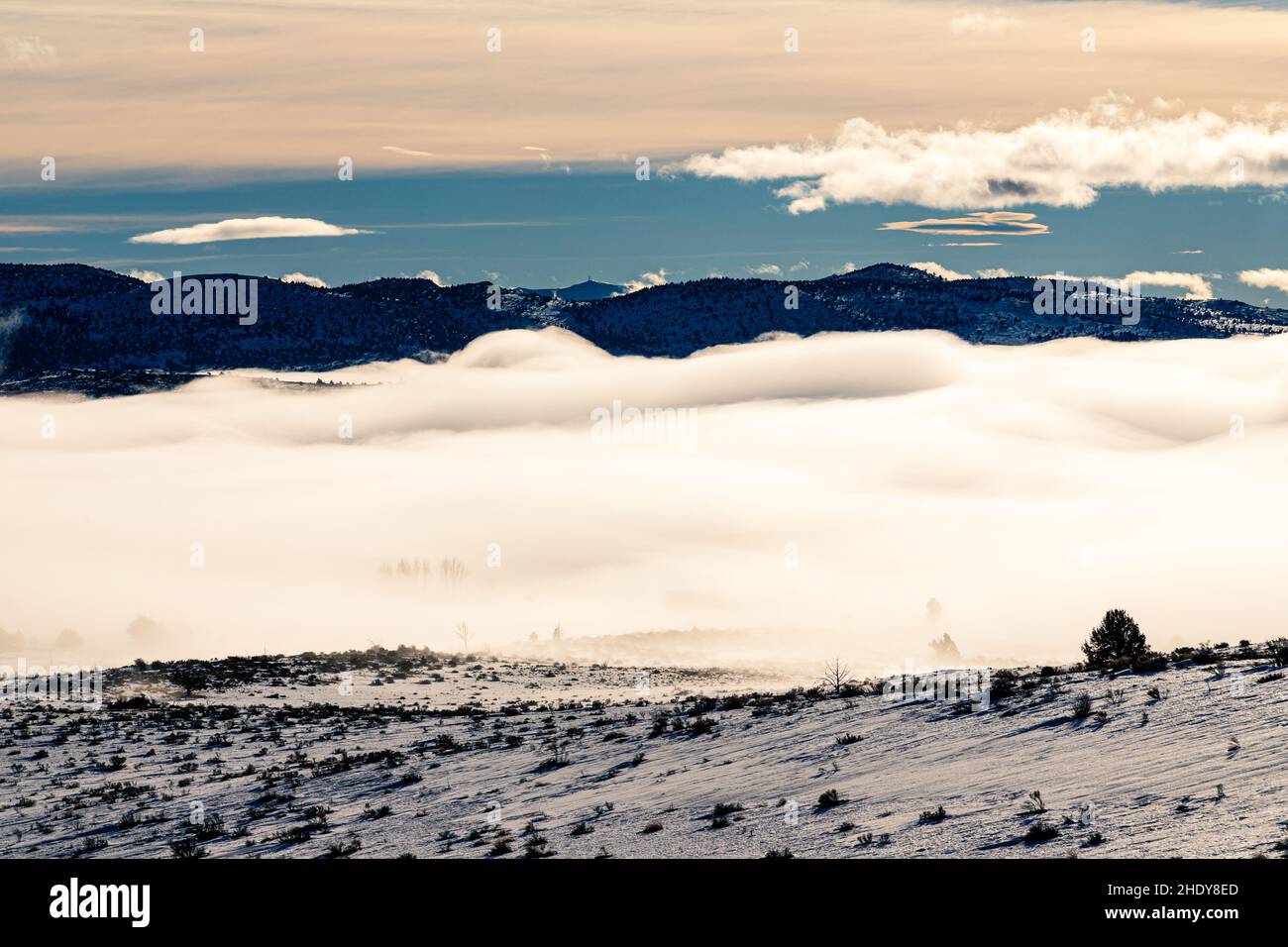 Willow Creek Valley in Lassen County, California, USA shrouded in fog late on a winter morning. Stock Photo
