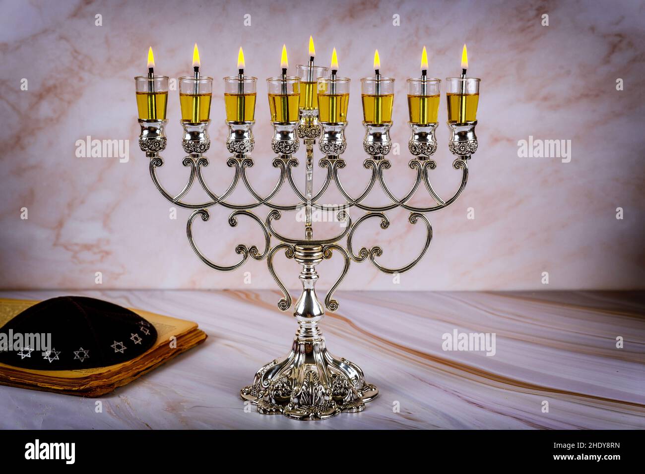 judaism, kippah, Chanukah candelabra , judaisms, kippahs Stock Photo