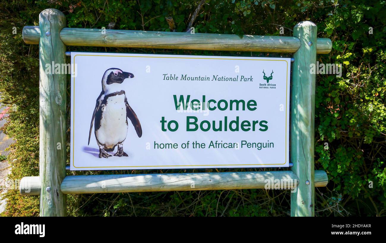 Simon's Town, South Africa - March 14, 2013. An entrance sign for Boulders Beach in False Bay, a protected area for African penguins located approxima Stock Photo