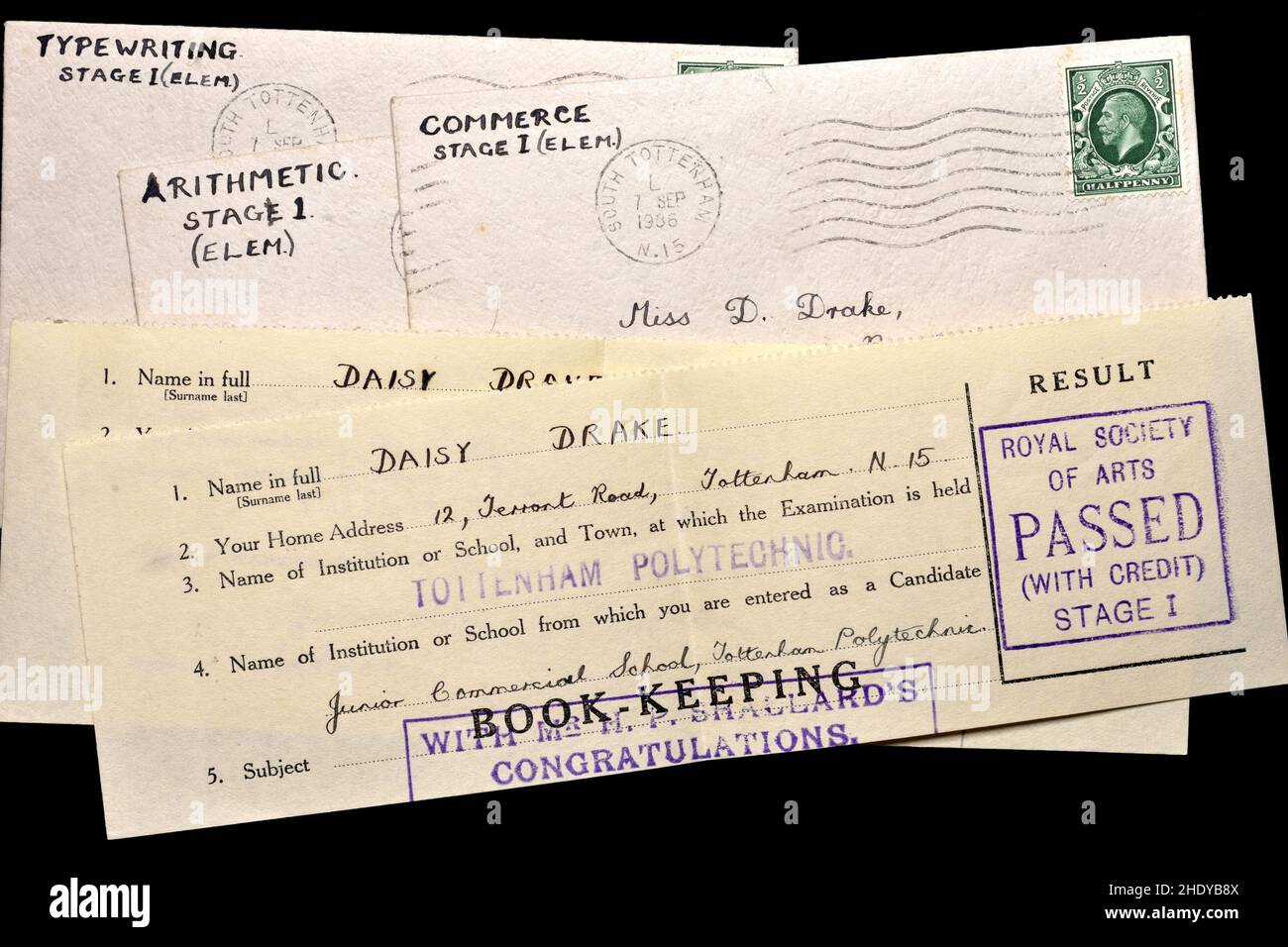 Exam results received through the post from Tottenham Polytechnic, 1936. Typewriting, arithmetic and commerce Stock Photo