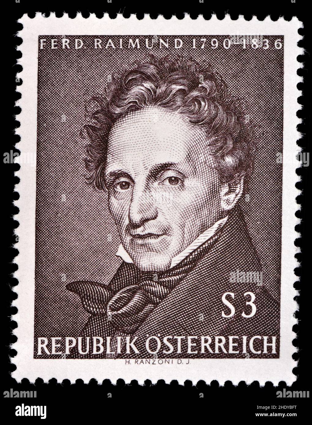 Austrian postage stamp (1965) : Ferdinand Raimund (1790 –1836, Pottenstein) Austrian actor and dramatist. Stock Photo