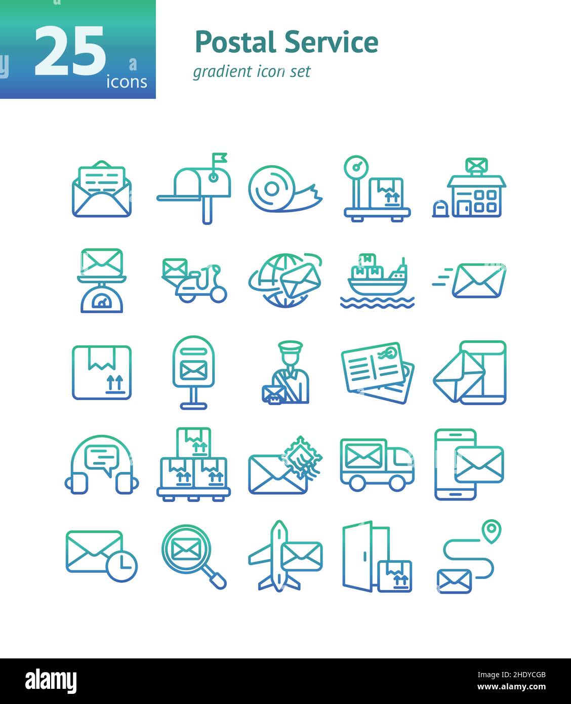 Postal Service gradient icon set. Vector and Illustration. Stock Vector