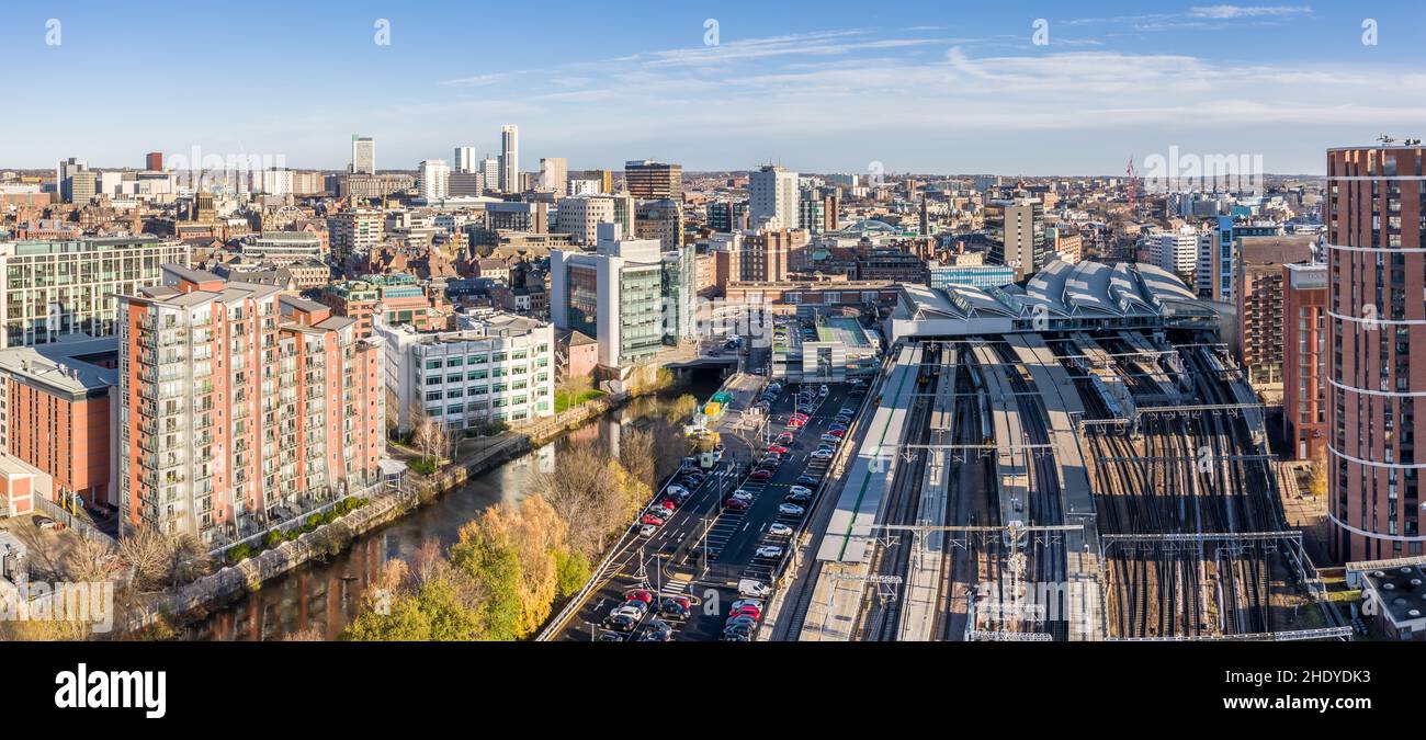 LEEDS TRAIN STATION, LEEDS, UK, - DECEMBER 10, 2021.  An aerial cityscape view of Leeds railway station providing transport links to the West Yorkshir Stock Photo