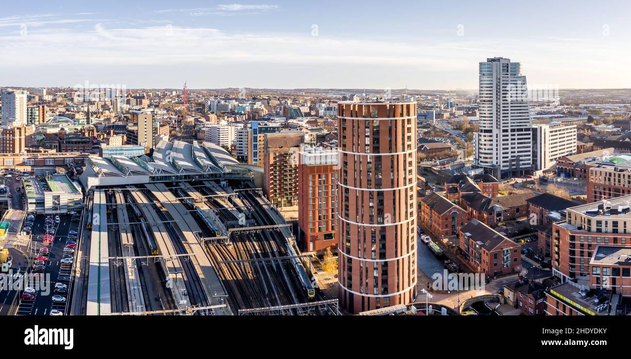 LEEDS TRAIN STATION, LEEDS, UK, - DECEMBER 10, 2021.  An aerial cityscape view of Leeds railway station providing transport links to the West Yorkshir Stock Photo