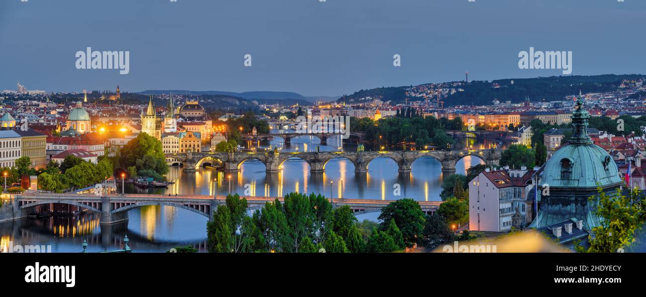 A few Bridges in Prague at night. The view is from the park Letna. Stock Photo